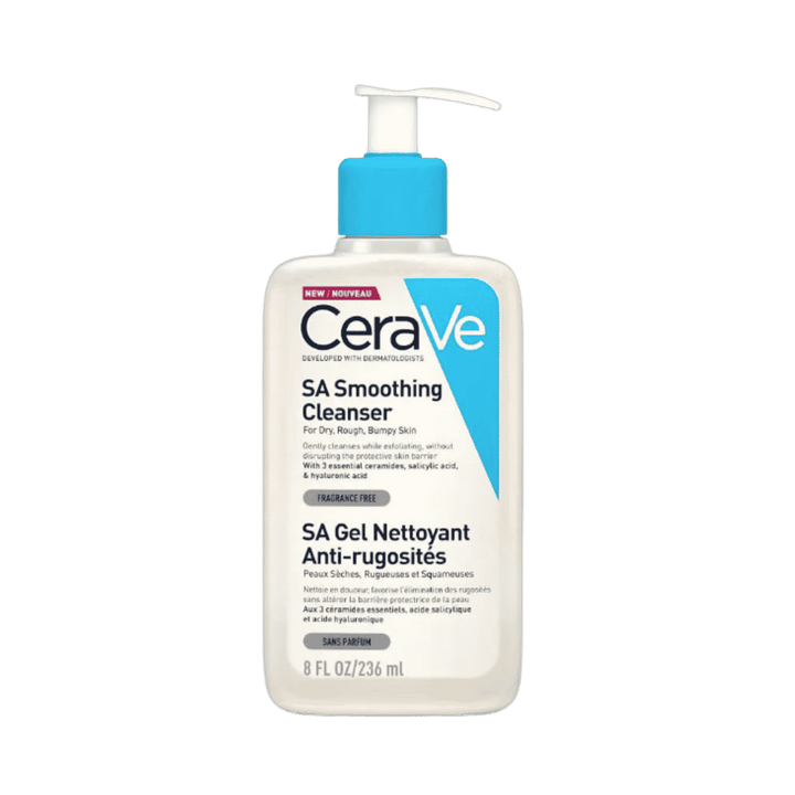 CeraVe SA Smoothing Cleanser 236ml facial and body cleanser bottle with pump dispenser and blue label.