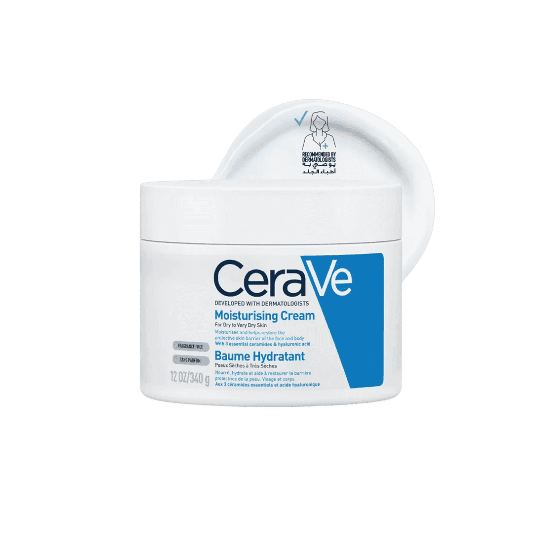 CeraVe Moisturising Cream, 12oz 340g, white jar with blue label for dry to very dry skin.