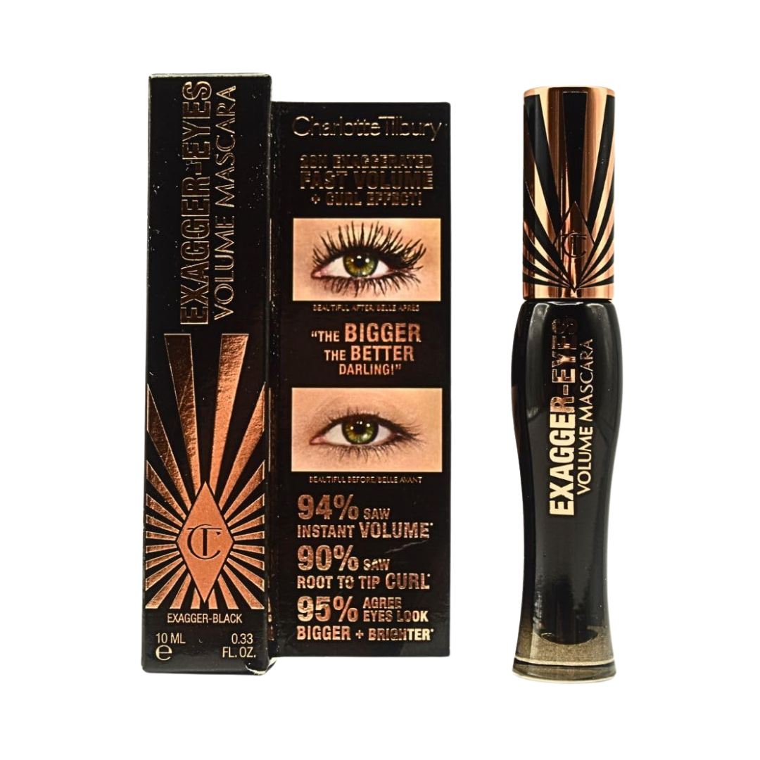 Charlotte Tilbury Exagger-Eyes Volume Mascara Exagger-Black, 10ml, in black tube with rose-gold cap and box.