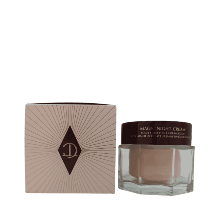 Charlotte Tilbury Magic Night Cream, 50 ml, in clear square glass jar with dark brown lid.