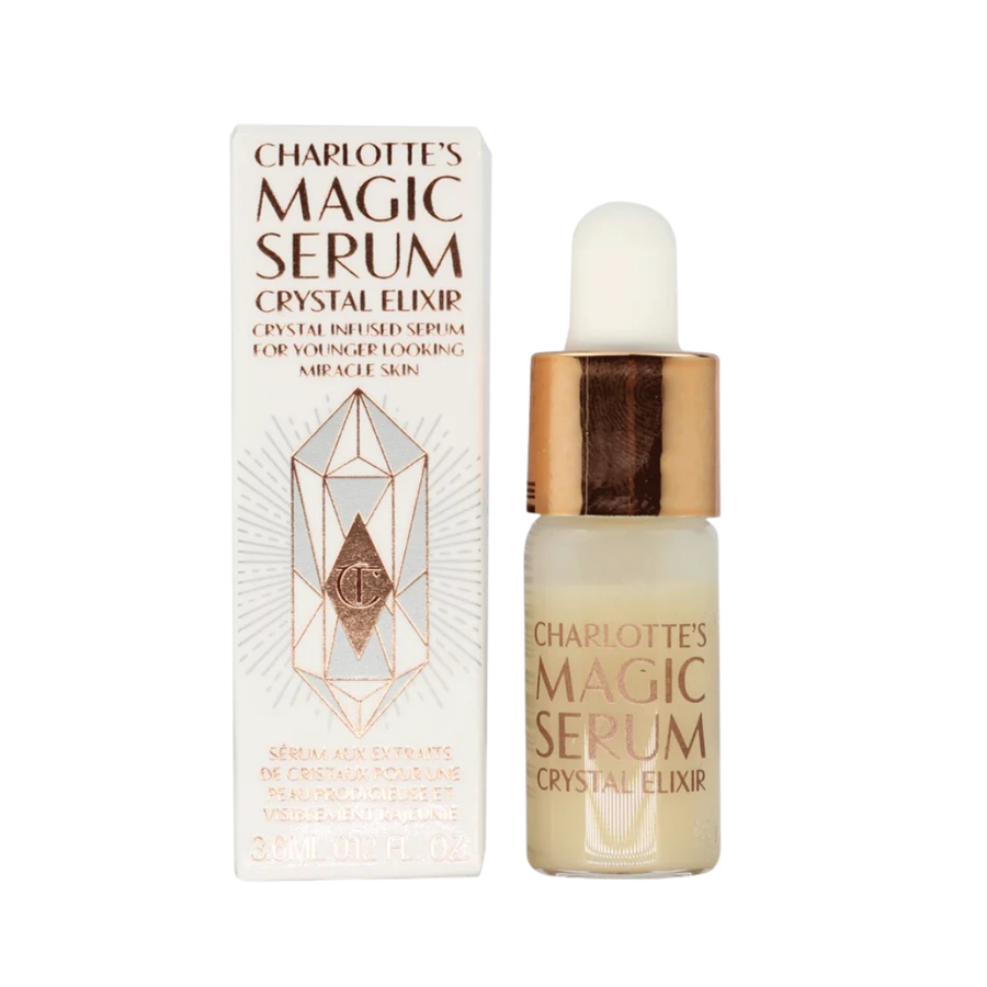 Charlotte's Magic Serum Crystal Elixir skincare serum bottle and packaging, 3.6ml.