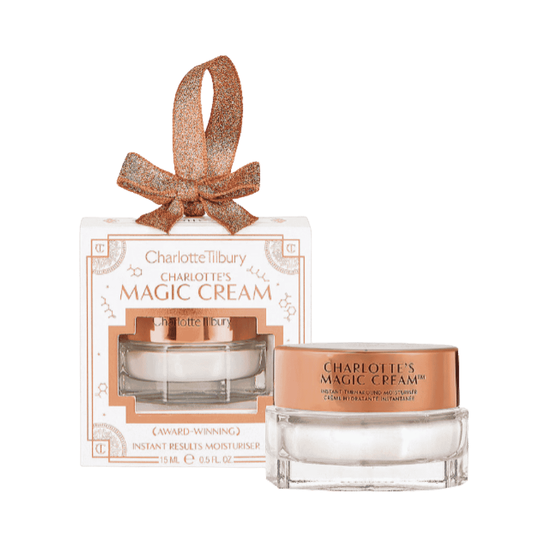 Charlotte Tilbury Magic Cream Bauble moisturizer, 15 ml, glass jar with rose-gold lid and gift box.