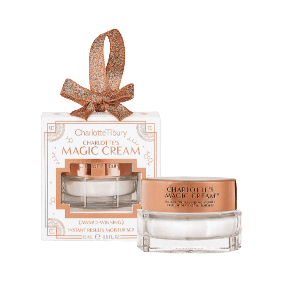 Charlotte Tilbury Magic Cream Bauble moisturizer, 15 ml, glass jar with rose-gold lid and gift box.