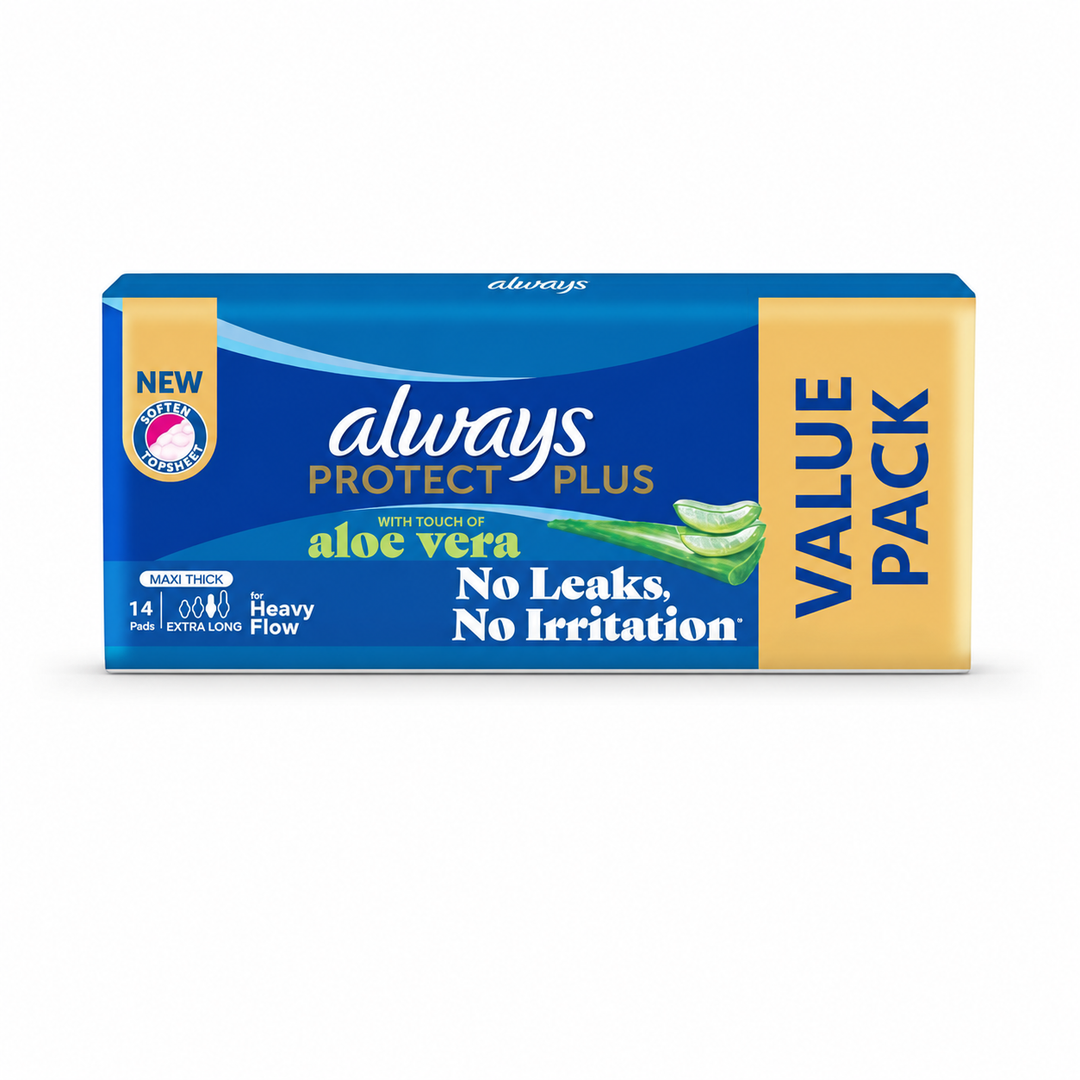 Always Protect Plus Aloe Vera Extra Long Pads - 14Pcs | أولويز فوط نسائية بروتكت بلس بالألوفيرا - 14 قطعة