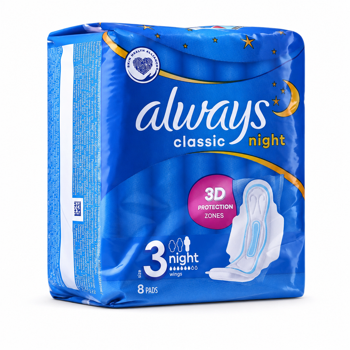 Always Classic Night 3D - 8 Pads | اولويز فوط نسائية ليلية - 8 قطع