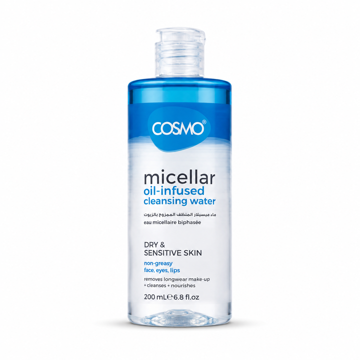 COSMO Micellar Oil Infused Cleansing Water Dry & Sensitive Skin - 200ml | كوزمو مزيل مكياج ثنائي الطور  - 200 مل