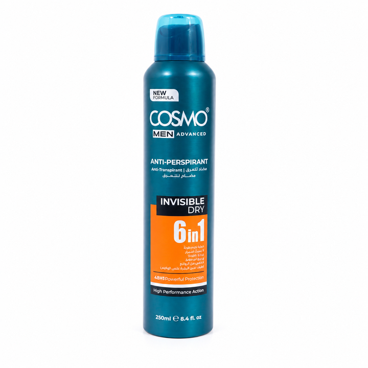 COSMO Invisible Dry 6 In 1 Anti-Perspirant Deodorant - 250ml | كوزمو بخاخ مزيل تعرق للرجال 6 في 1 - 250 مل