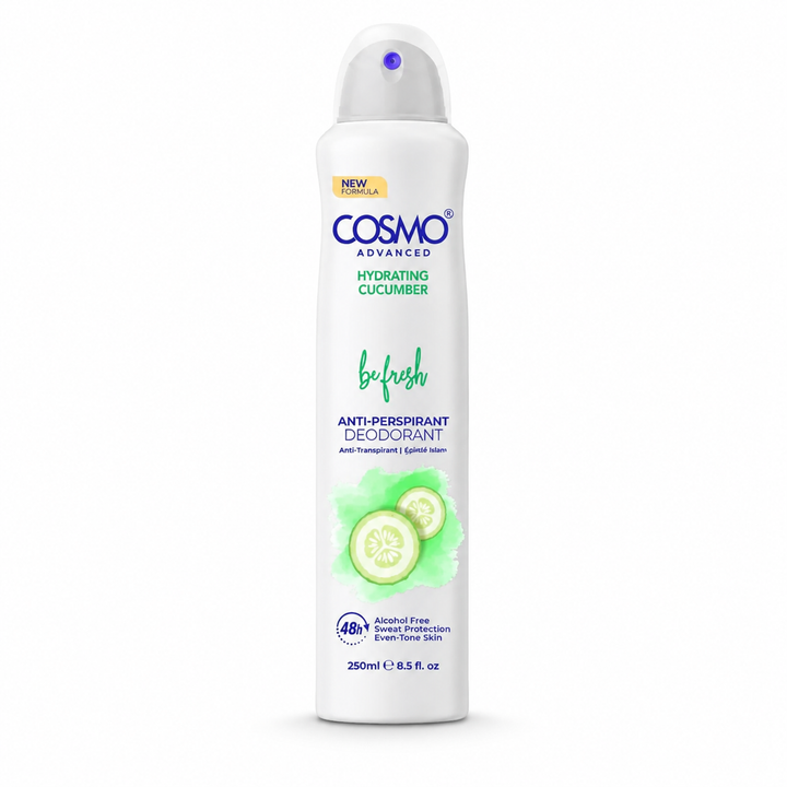 Cosmo By Fresh Advanced Anti perspirant 48h Hydrating Spray with Cucumber - 250ml | كوزمو باي فريش أدفانسد مضاد للتعرّق بخاخ 48 ساعة بترطيب الخيار – 250 مل