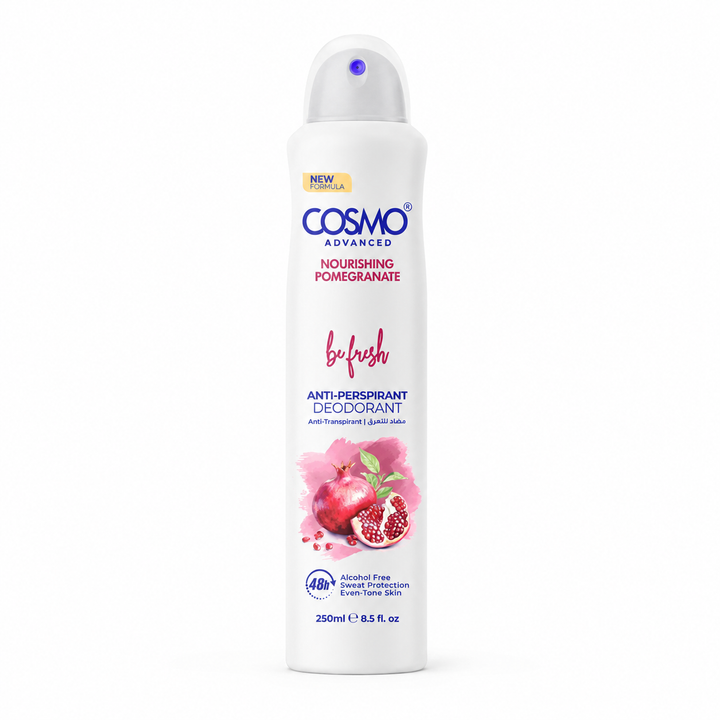 Cosmo Be Fresh Advanced Anti perspirant Spray with Nourishing Pomegranate - 250ml | كوزمو بخاخ مزيل تعرق للنساء برائحة الرمان - 250 مل
