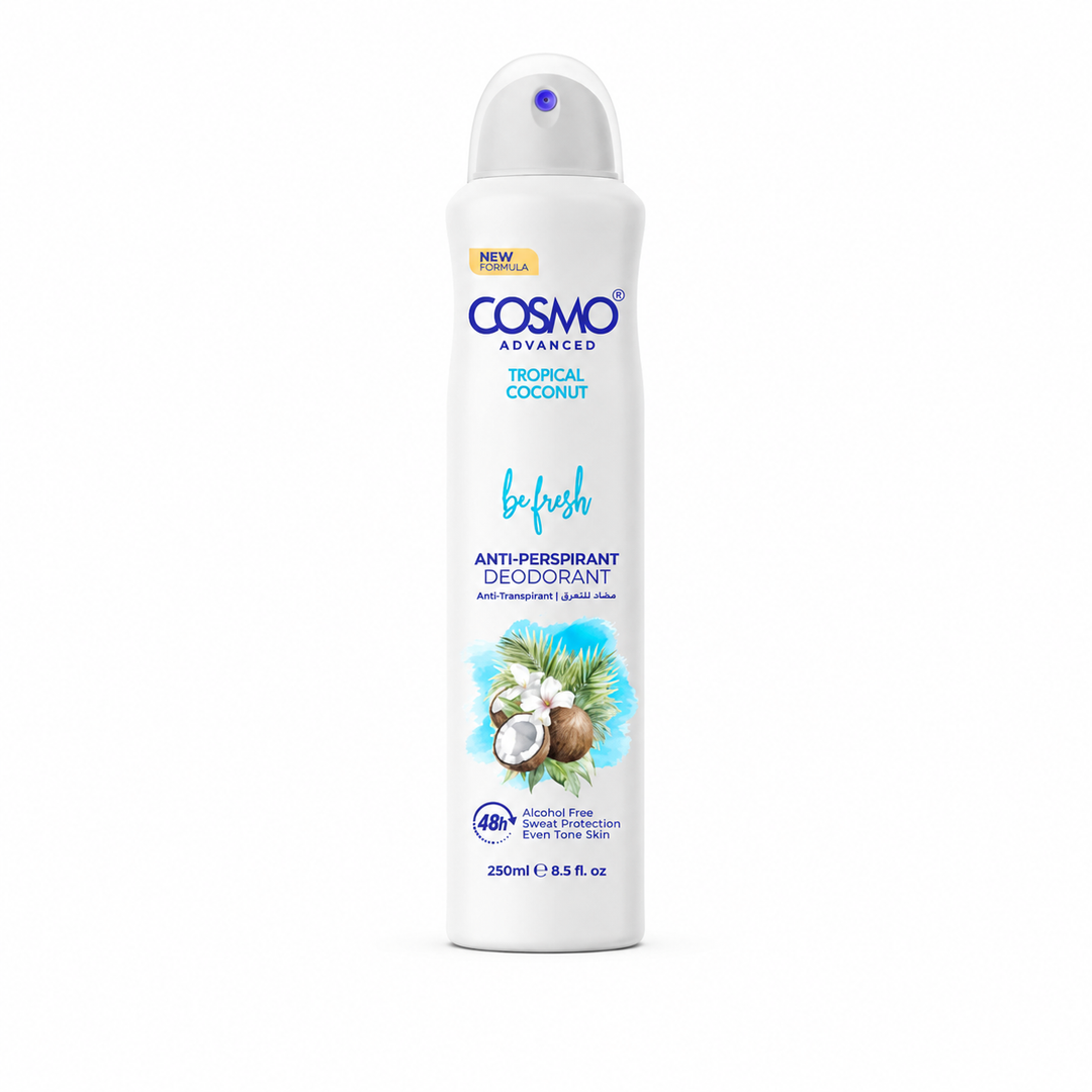 Cosmo Be Fresh Advanced Anti-Perspirant Spray – Tropical Coconut Scent - 250ml |  كوزموم زيل العرق المضاد للتعرق بجوز الهند الاستوائي - 250 مل