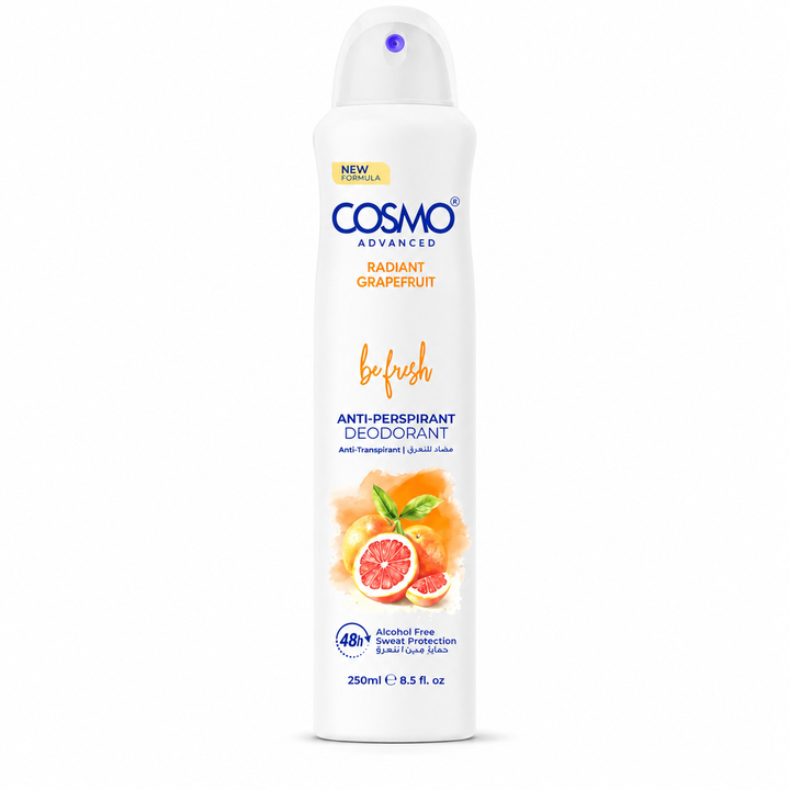 Cosmo Be Fresh Advanced Antiperspirant Spray with Radiant Grapefruit - 250ml | كوزمو بي فريش أدفانسد بخاخ مضاد للتعرق برائحة الجريب فروت المنعش – 250 مل