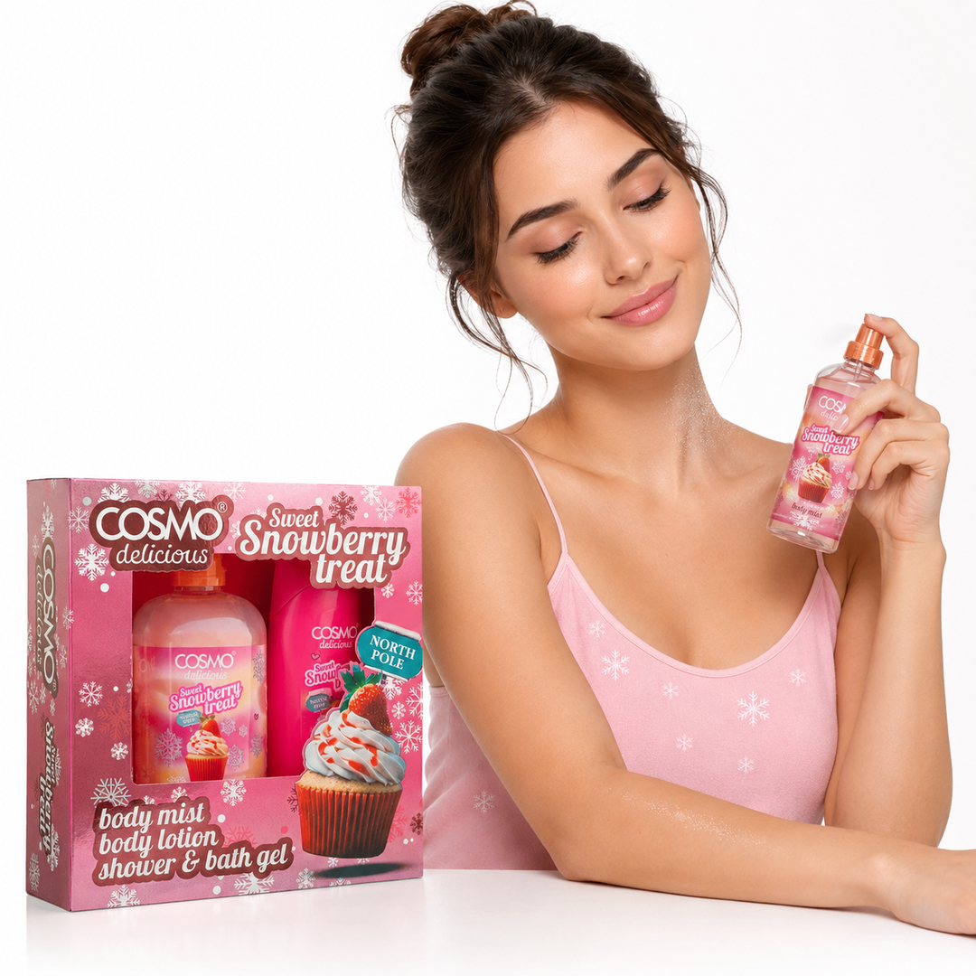 Cosmo Sweet Snowberry  Body Mist Body Lotion Shower & Bath Gel | كوزمو سويت سنوبيري مجموعة ميست للجسم ولوشن للجسم وجل الاستحمام