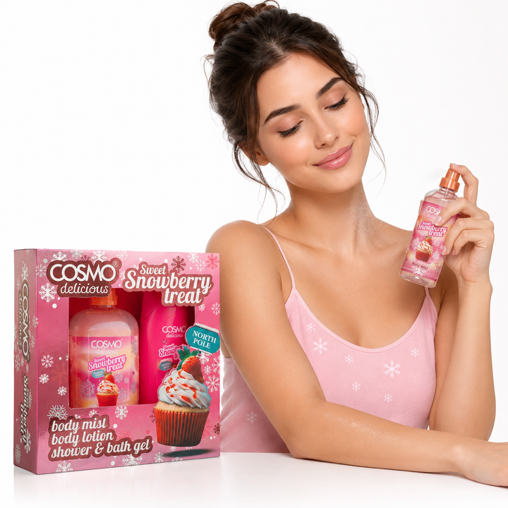 Cosmo Sweet Snowberry  Body Mist Body Lotion Shower & Bath Gel | كوزمو سويت سنوبيري مجموعة ميست للجسم ولوشن للجسم وجل الاستحمام