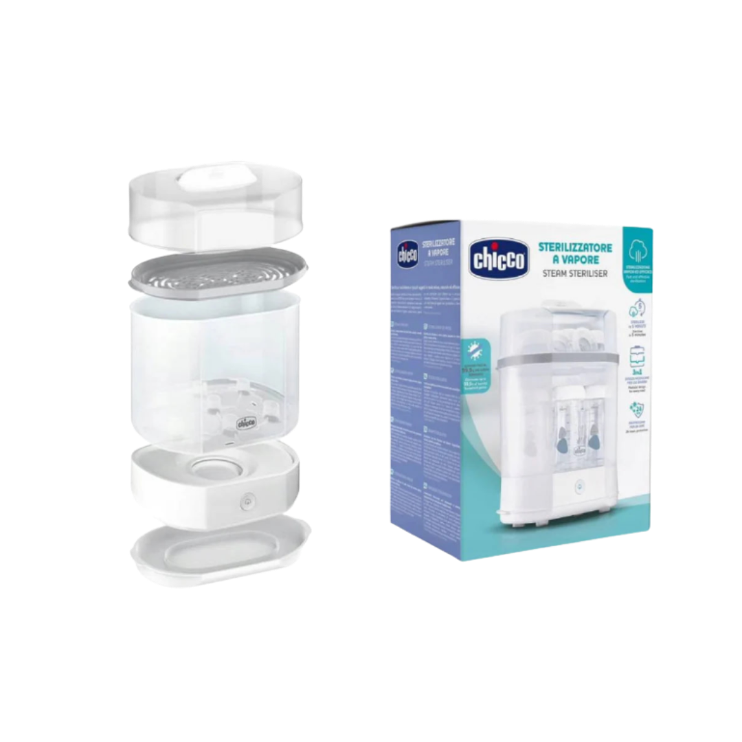 Chicco steam sterilizer device and box, electric baby bottle sterilizer with multi-layer design, white unit.