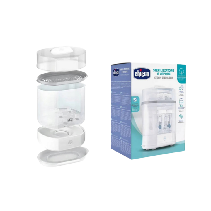 Chicco steam sterilizer device and box, electric baby bottle sterilizer with multi-layer design, white unit.