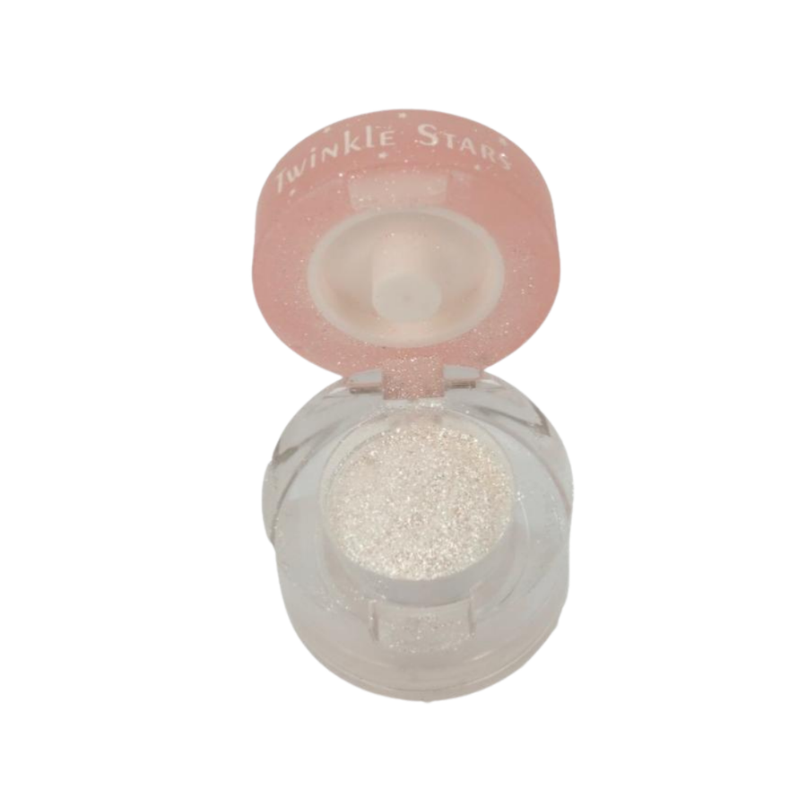Christine Glitter Diamond Powder, 2.5g, pale silver glitter eyeshadow in round compact with pink translucent lid