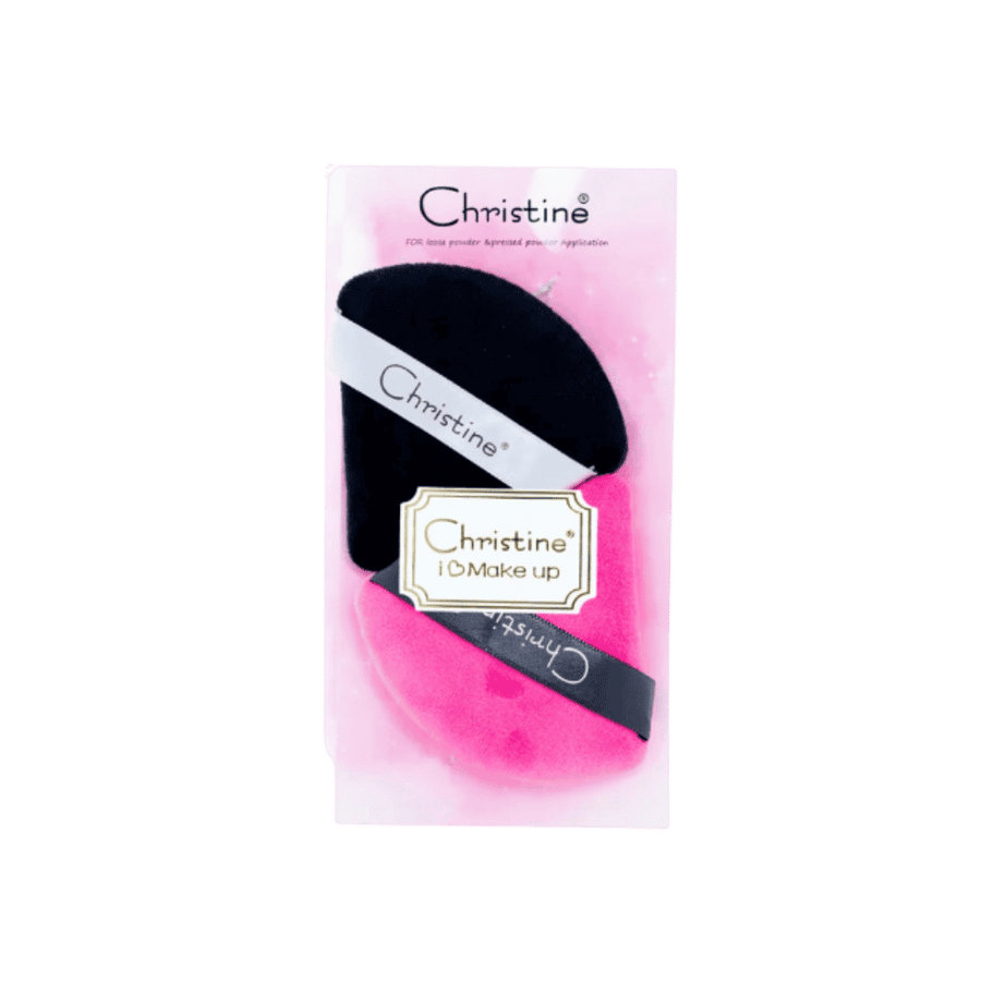 Christine makeup powder puffs, black and pink, with branded elastic straps in pink retail packaging.