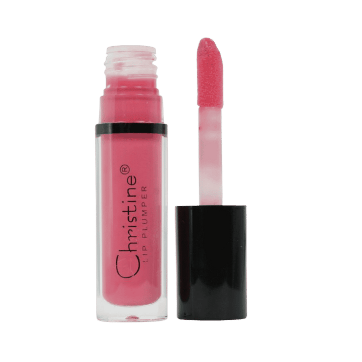 Christine Glazed Lip Plumper, 6 ml, pink liquid gloss in clear tube with black cap and applicator.