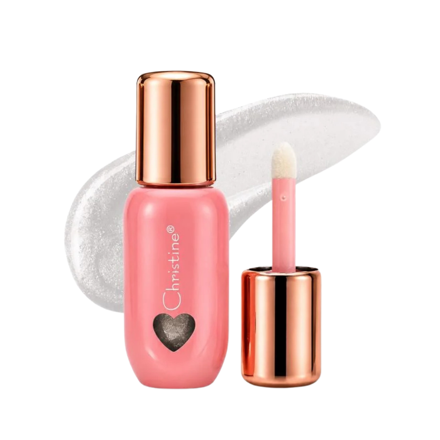 Christine Liquid Highlighter Shade 01, 5ml, in pink bottle with rose-gold cap and heart window.