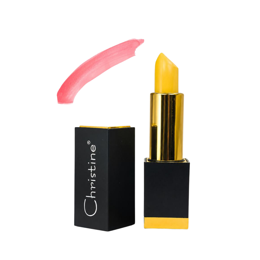 Christine Magic color-changing lipstick, 3.8g, yellow bullet in black and gold rectangular packaging.