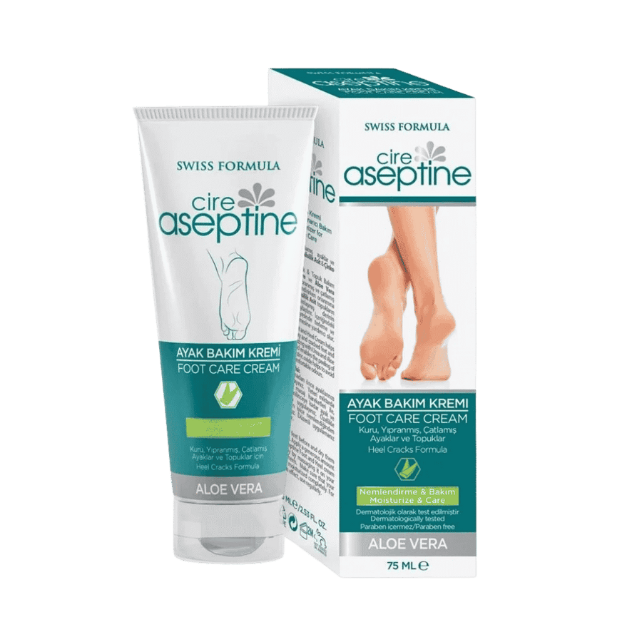 Cire Aseptine foot care cream 75ml tube box aloe vera label heel cracks formula packaging front view
