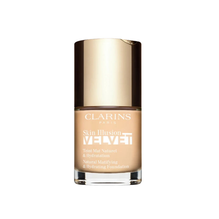 Clarins Skin Illusion Velvet natural mattifying and hydrating foundation in glass bottle with gold cap.