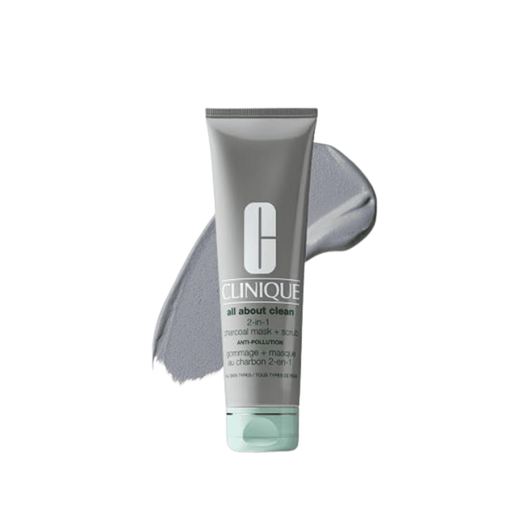 Clinique All About Clean 2-in-1 charcoal mask and scrub in grey tube with mint cap