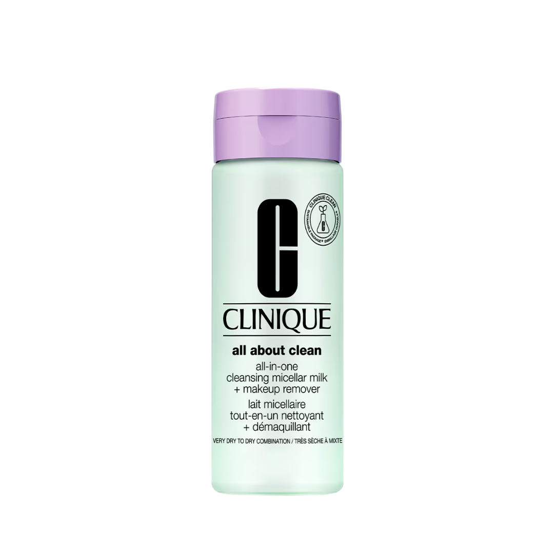 Clinique All About Clean micellar milk makeup remover, 200ml lavender bottle with pump dispenser