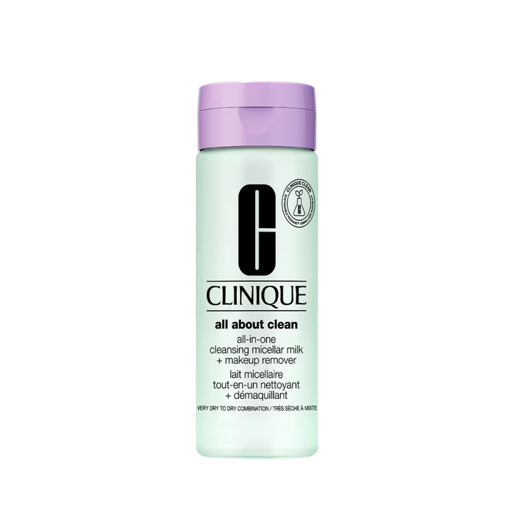 Clinique All About Clean micellar milk makeup remover, 200ml lavender bottle with pump dispenser