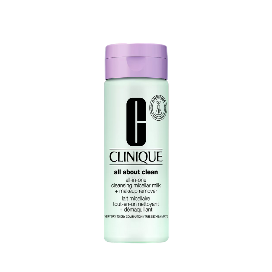 Clinique All About Clean micellar milk makeup remover, 200ml lavender bottle with pump dispenser