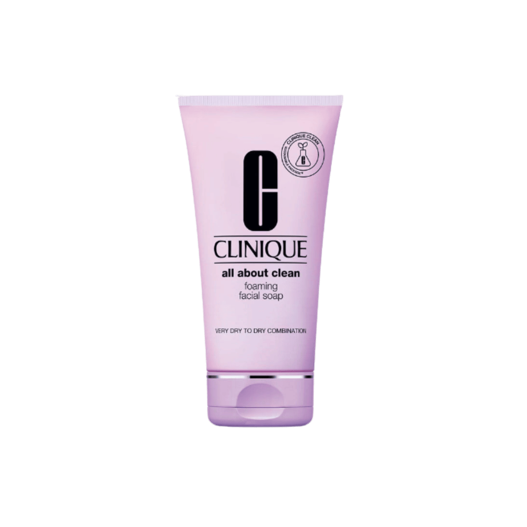 Clinique All About Clean foaming facial soap in pink tube with purple flip cap