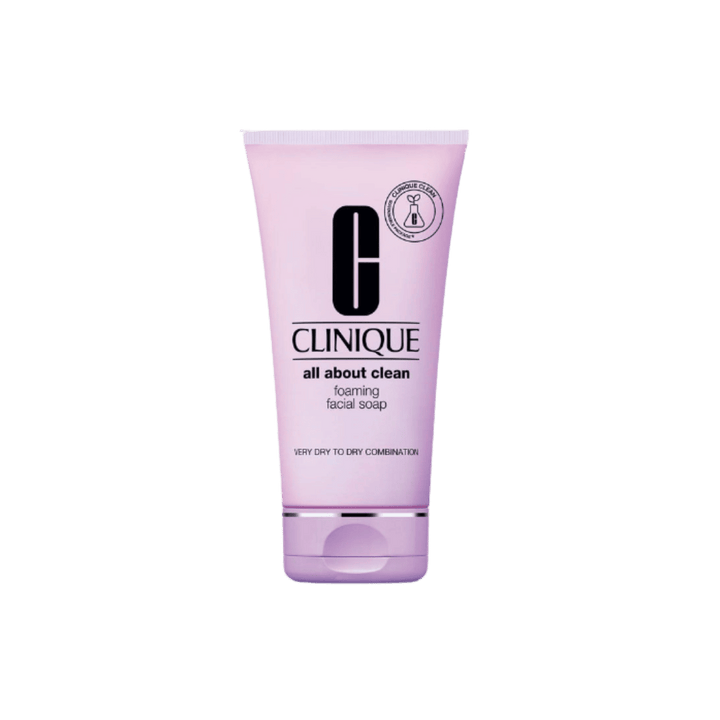 Clinique All About Clean foaming facial soap in pink tube with purple flip cap