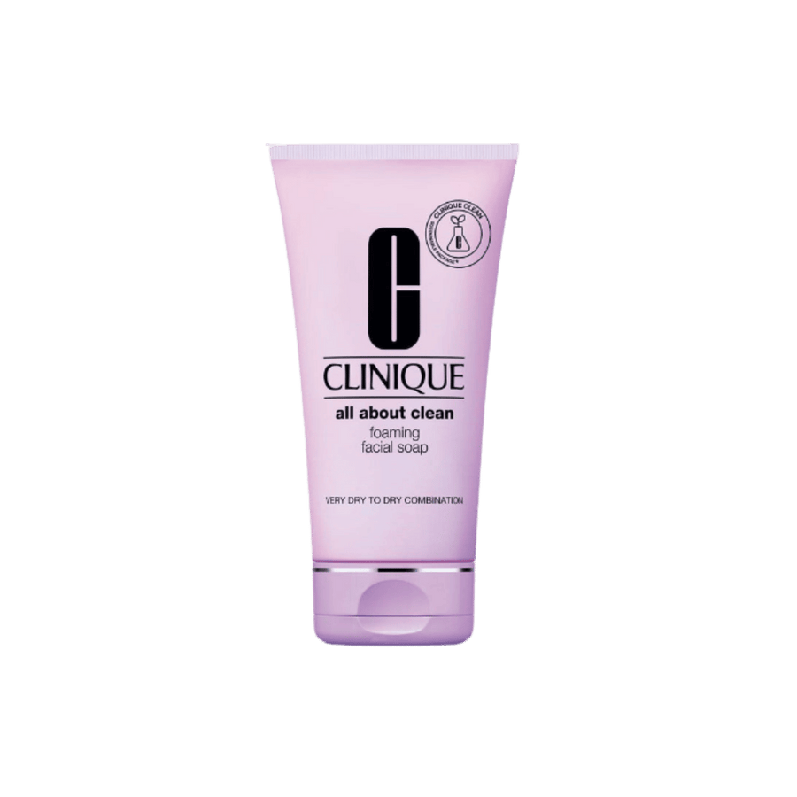 Clinique All About Clean foaming facial soap in pink tube with purple flip cap