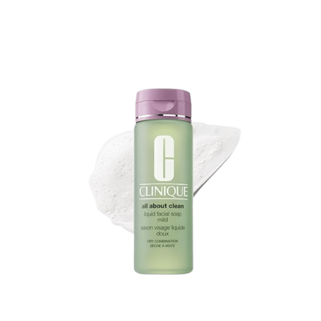 Clinique All About Clean Liquid Facial Soap Mild in green bottle with purple flip cap