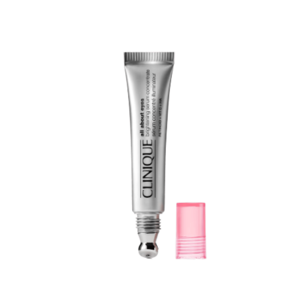 Clinique All About Eyes Brightening Serum Concentrate in silver squeeze tube with metal rollerball and pink cap.