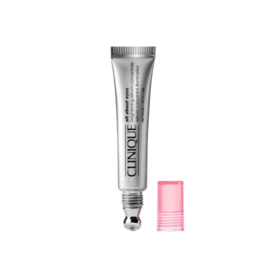 Clinique All About Eyes Brightening Serum Concentrate in silver squeeze tube with metal rollerball and pink cap.