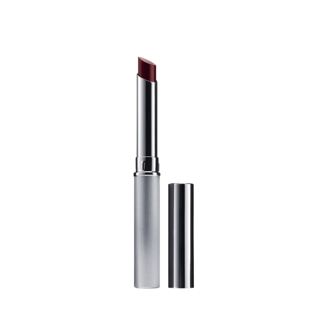 Clinique Almost Lipstick in Black Honey shade, slim silver tube with matching metallic cap.