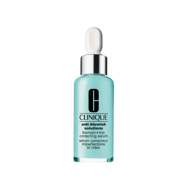 Clinique Anti-Blemish Solutions Blemish + Line Correcting Serum in turquoise dropper bottle with white pipette