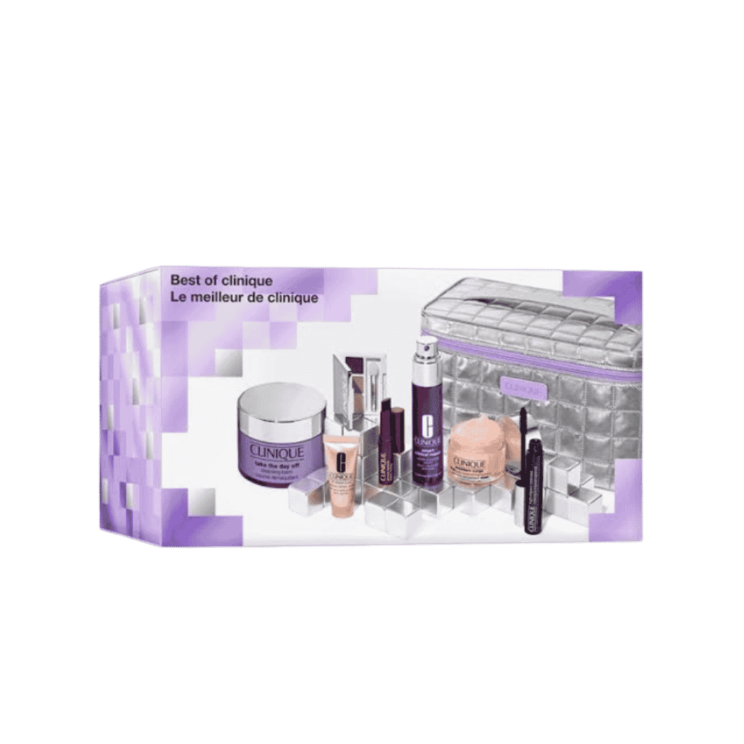 Clinique Best of Clinique gift set box with silver pouch, skincare, makeup, and fragrance products