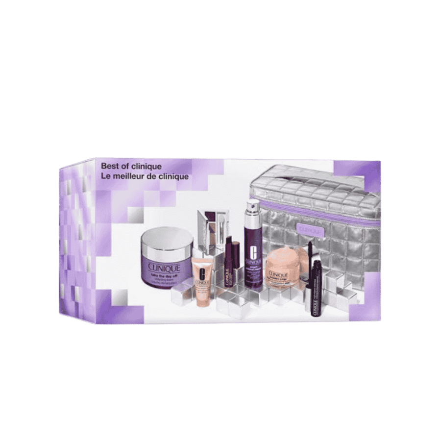 Clinique Best of Clinique gift set box with silver pouch, skincare, makeup, and fragrance products