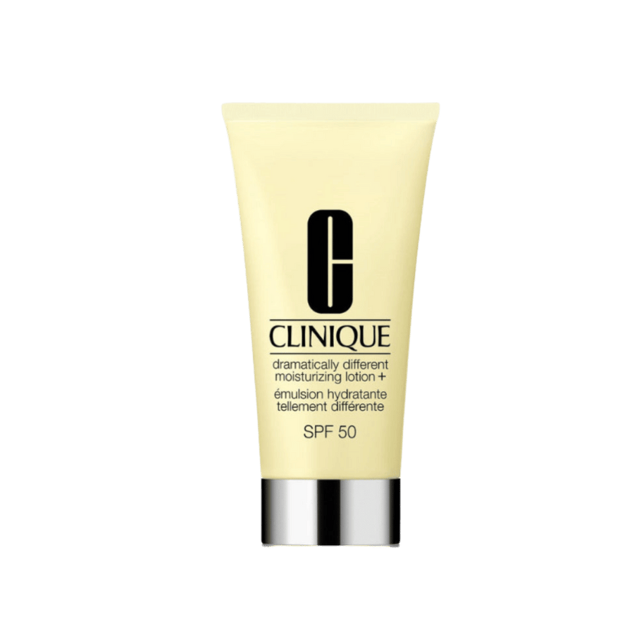 Clinique Dramatically Different Moisturizing Lotion+ SPF 50 in pale yellow tube with silver cap