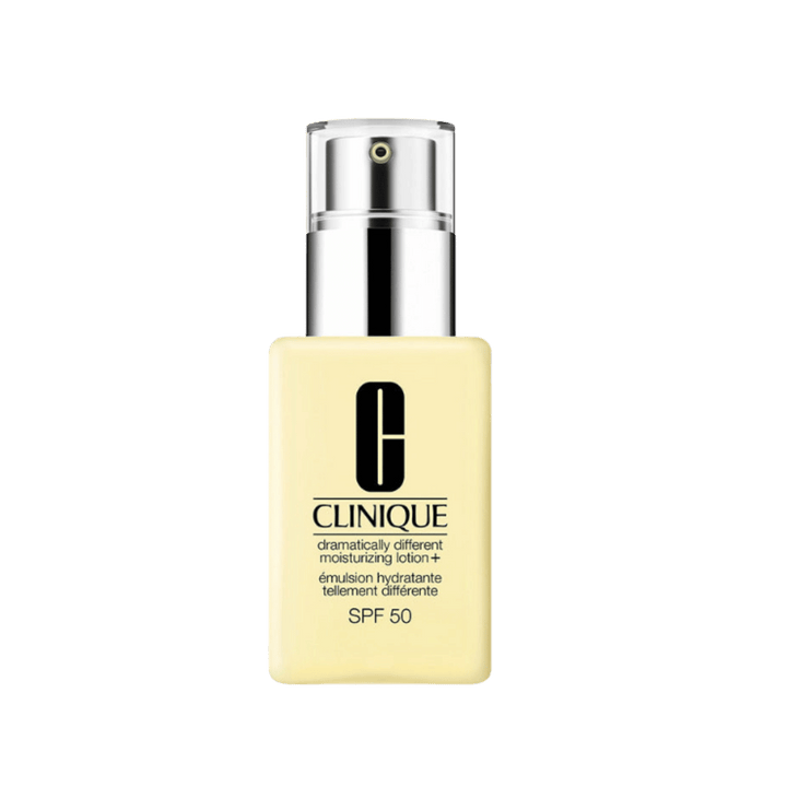 Clinique Dramatically Different Moisturizing Lotion+ SPF 50 in yellow pump bottle with silver dispenser