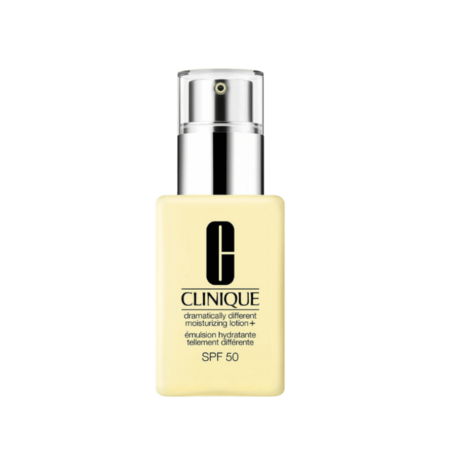 Clinique Dramatically Different Moisturizing Lotion+ SPF 50 in yellow pump bottle with silver dispenser
