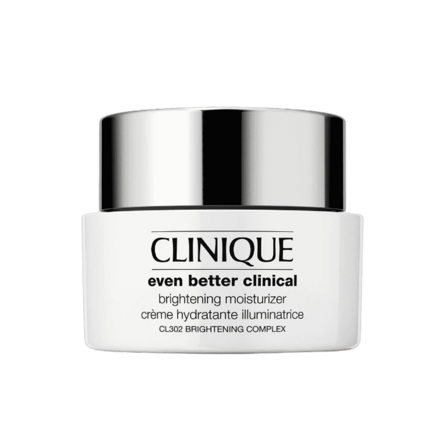 Clinique Even Better Clinical brightening moisturizer in white jar with silver cap and black label