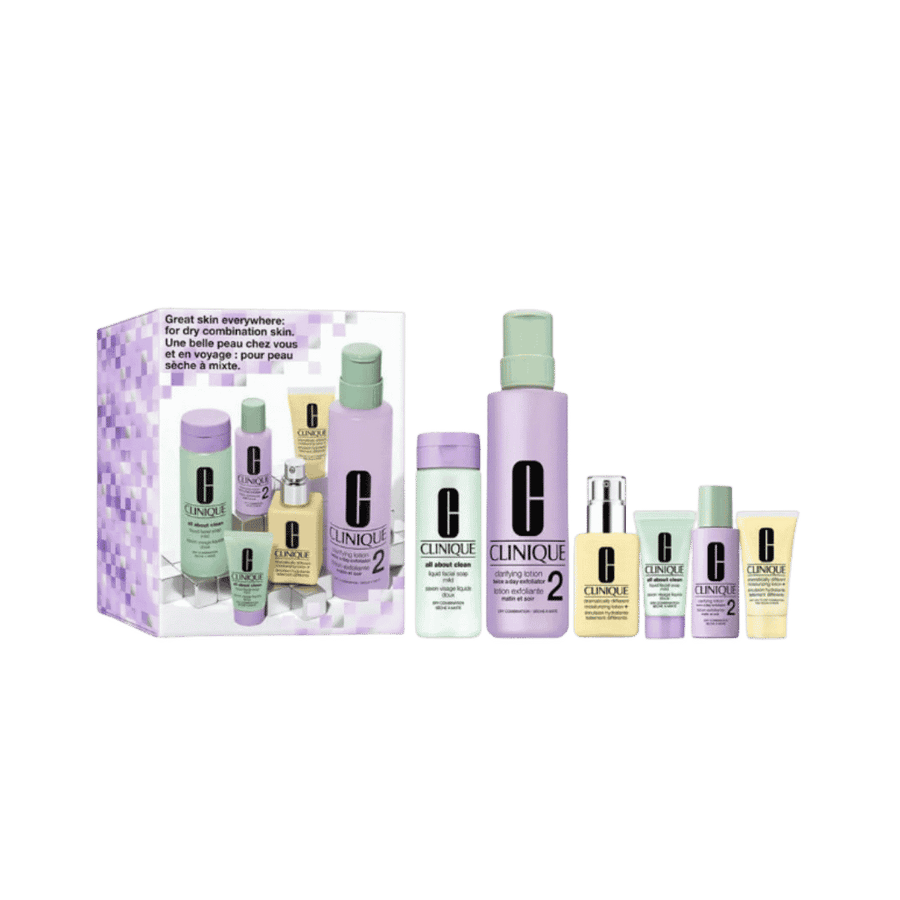 Clinique dry combination skincare set with liquid facial soap, clarifying lotion, moisturizer, tubes, and box