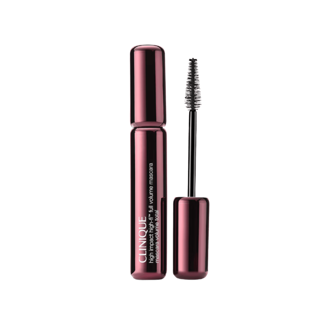 Clinique High Impact High-Fi Full Volume Mascara in metallic burgundy tube with black bristle wand.