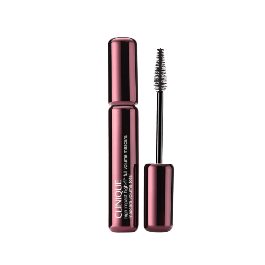 Clinique High Impact High-Fi Full Volume Mascara in metallic burgundy tube with black bristle wand.