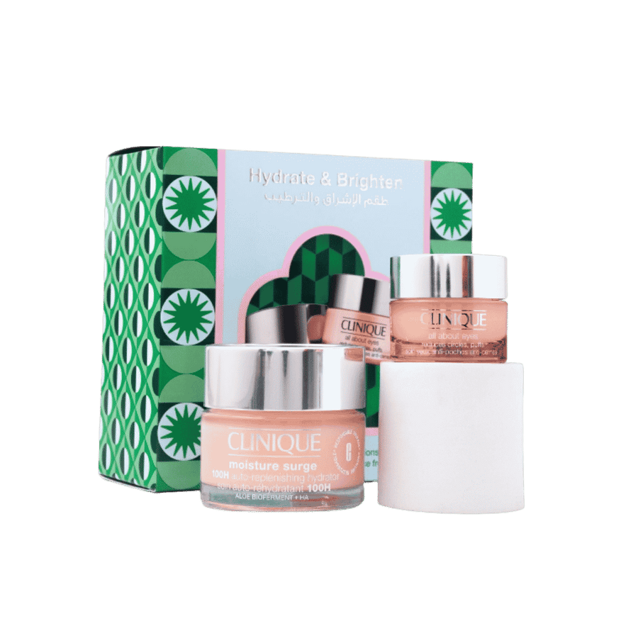 Clinique Hydrate & Brighten set with Moisture Surge jar, All About Eyes jars, and patterned box