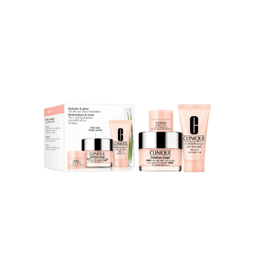 Clinique Hydrate & Glow skincare set with Moisture Surge jar, eye cream, overnight mask, and box
