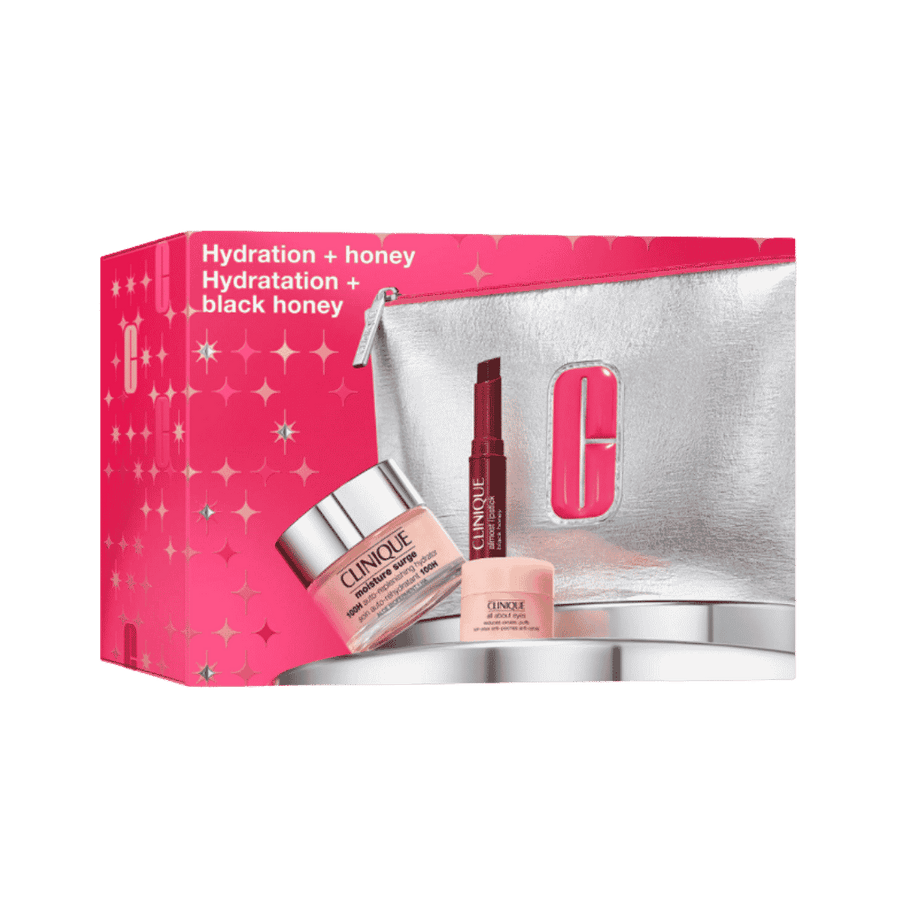 Clinique Hydration + Honey gift set with Moisture Surge jar, lip balm, eye cream, and silver pouch